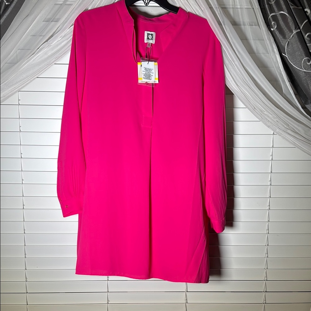Pink Sheath Dress with Long Sleeves and Crew Neck